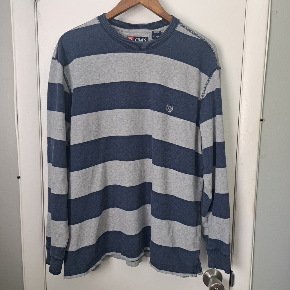 Chaps Mens Gray Blue Long Sleeve Striped 100% Cotton Shirt XL